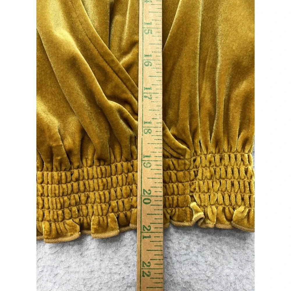 Madewell Blouse Womens Small Gold Velvet Wrap V Neck Top Puff Sleeve Smocked Hem